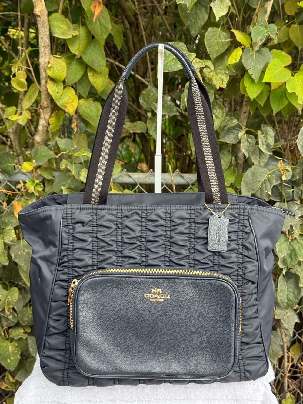 Coach Court Quilted Dark Navy Tote with Front Zip Pocket and Gold Accents